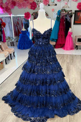 Navy Blue Floral Multi-Layers Sequined Straps Long Prom Dress