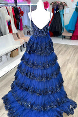 Navy Blue Floral Multi-Layers Sequined Straps Long Prom Dress