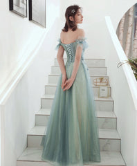 Green Tulle Lace Long Prom Dress, Green Tulle Formal Dress, 1