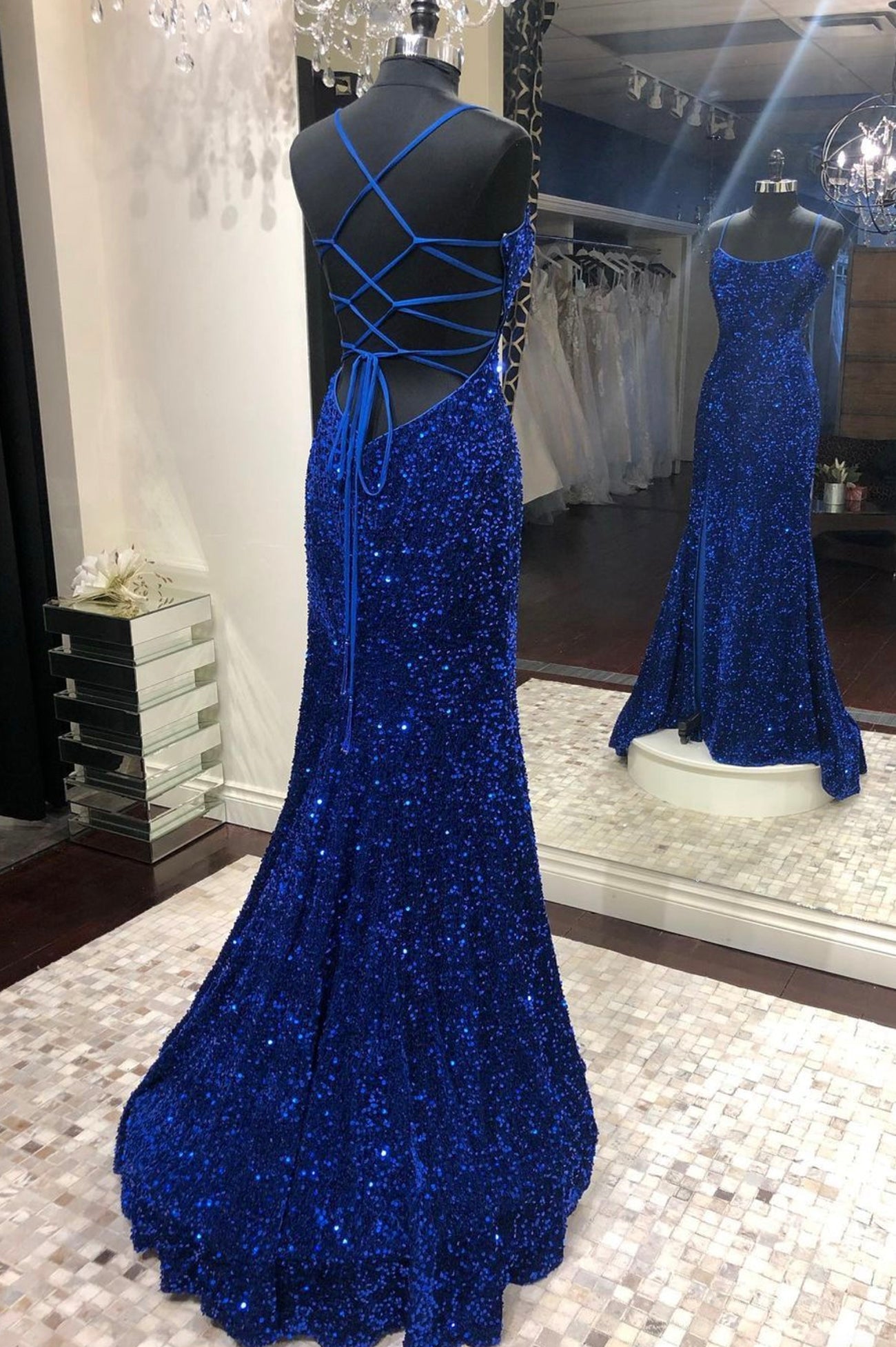 Mermaid Sequins Long Prom Dresses, Blue Backless Evening Dresses