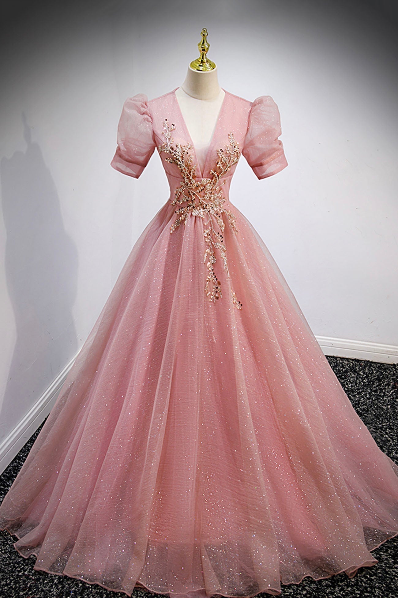 Pink V-Neck Tulle Long Prom Dresses, A-Line Short Sleeve Evening Dresses