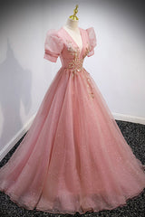 Pink V-Neck Tulle Long Prom Dresses, A-Line Short Sleeve Evening Dresses