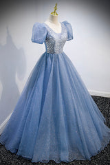 Blue V-Neck Tulle Beading Long Prom Dresses, Blue Short Sleeve Evening Dresses