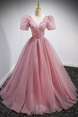 Pink V-Neck Tulle Long Prom Dresses, A-Line Evening Party Dresses