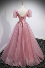 Pink V-Neck Tulle Long Prom Dresses, A-Line Evening Party Dresses