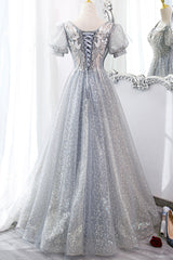 Gray Tulle Lace Long Party Dress, A-Line Evening Dress
