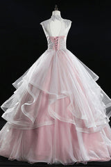 Pink Tulle Lace Sweet 16 Dresses, Long Quinceanera Dresses