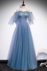 Blue Tulle Beading Long Prom Dresses, A-Line Evening Party Dresses