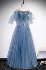 Blue Tulle Beading Long Prom Dresses, A-Line Evening Party Dresses