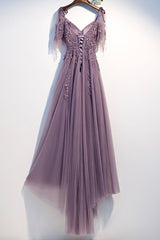 Purple Tulle Lace Long Prom Dresses, A-Line Evening Party Dresses