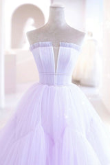 Purple Strapless Tulle Long Formal Gown, Purple A-Line Evening Dress