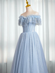 Blue Sweetheart Beaded Off the Shoulder Prom Dress, A-Line Blue Evening Dress