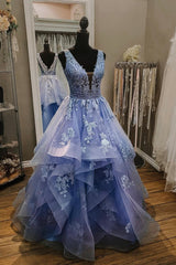 Blue V-Neck Tulle Lace Long Prom Dresses, A-Line Evening Dresses