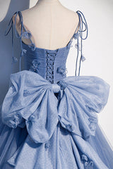 Blue Spaghetti Strap Tulle Long Dress, Blue Evening Dress with Bow