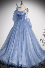 Blue Spaghetti Strap Tulle Long Dress, Blue Evening Dress with Bow