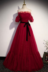 Burgundy Tulle Long Prom Dresses, A-Line Evening Dresses