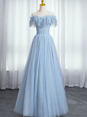 Blue Sweetheart Beaded Off the Shoulder Prom Dress, A-Line Blue Evening Dress