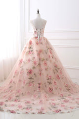 Pink Floral Pattern Lace Long Prom Dress, A-Line Formal Dress