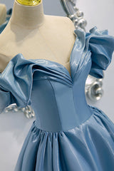Blue V-Neck Satin Long Prom Dress, Off the Shoulder Evening Dress