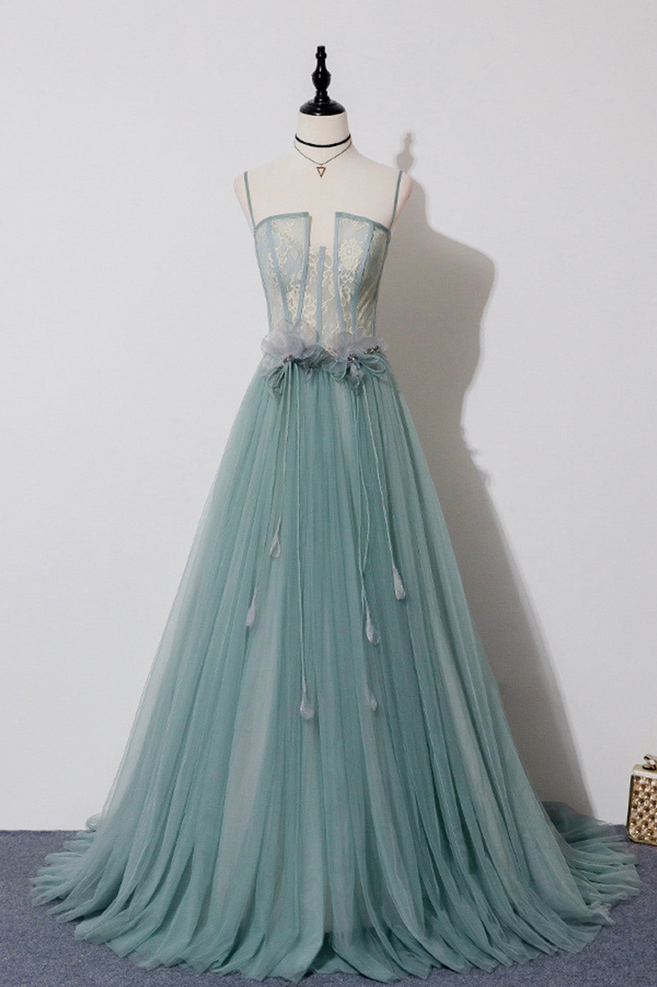 Green Lovely Tulle Straps Long A-Line Prom Dresses, Green Evening Dresses
