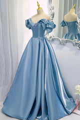 Blue V-Neck Satin Long Prom Dress, Off the Shoulder Evening Dress