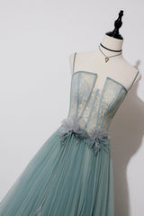 Green Lovely Tulle Straps Long A-Line Prom Dresses, Green Evening Dresses