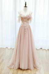 Pink Tulle Lace Long A-Line Prom Dress, Spaghetti Strap Formal Evening Dress