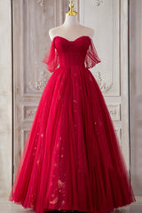 Red Tulle Long Prom Dresses, A-Line Off the Shoulder Formal Dresses
