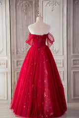 Red Tulle Long Prom Dresses, A-Line Off the Shoulder Formal Dresses