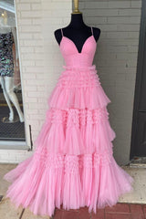 Pink V-Neck Layers Tulle Long Ball Gown, A-Line Spaghetti Strap Evening Dress