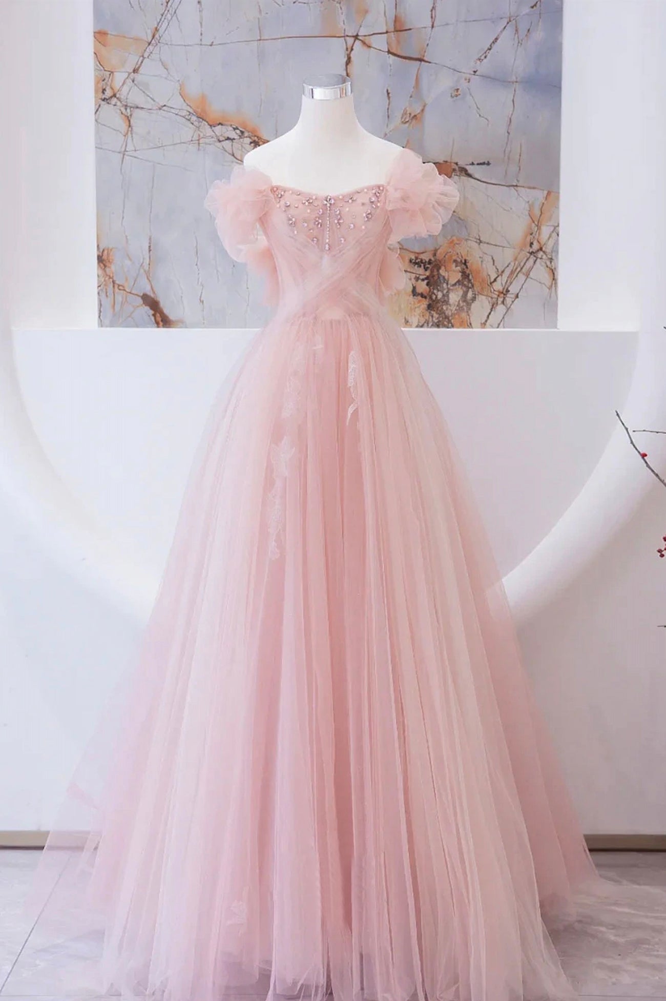 Pink Tulle Beaded Long Prom Dress, A-Line Evening Party Dress