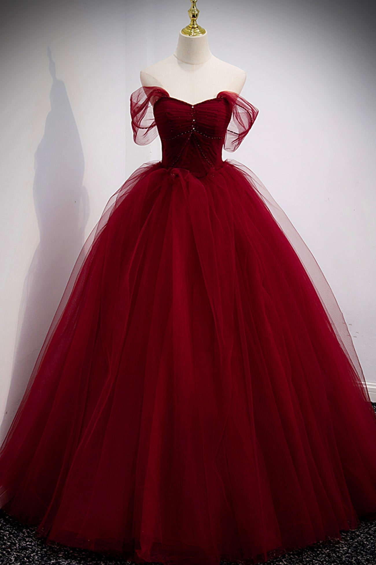 Burgundy Tulle Long A-Line Prom Dress, Burgundy Evening Party Dress