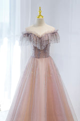 Pink Tulle Beaded Long Formal Dress, Pink V-Neck Prom Dress