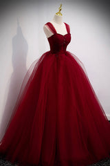 Burgundy Tulle Long A-Line Prom Dress, Burgundy Evening Party Dress