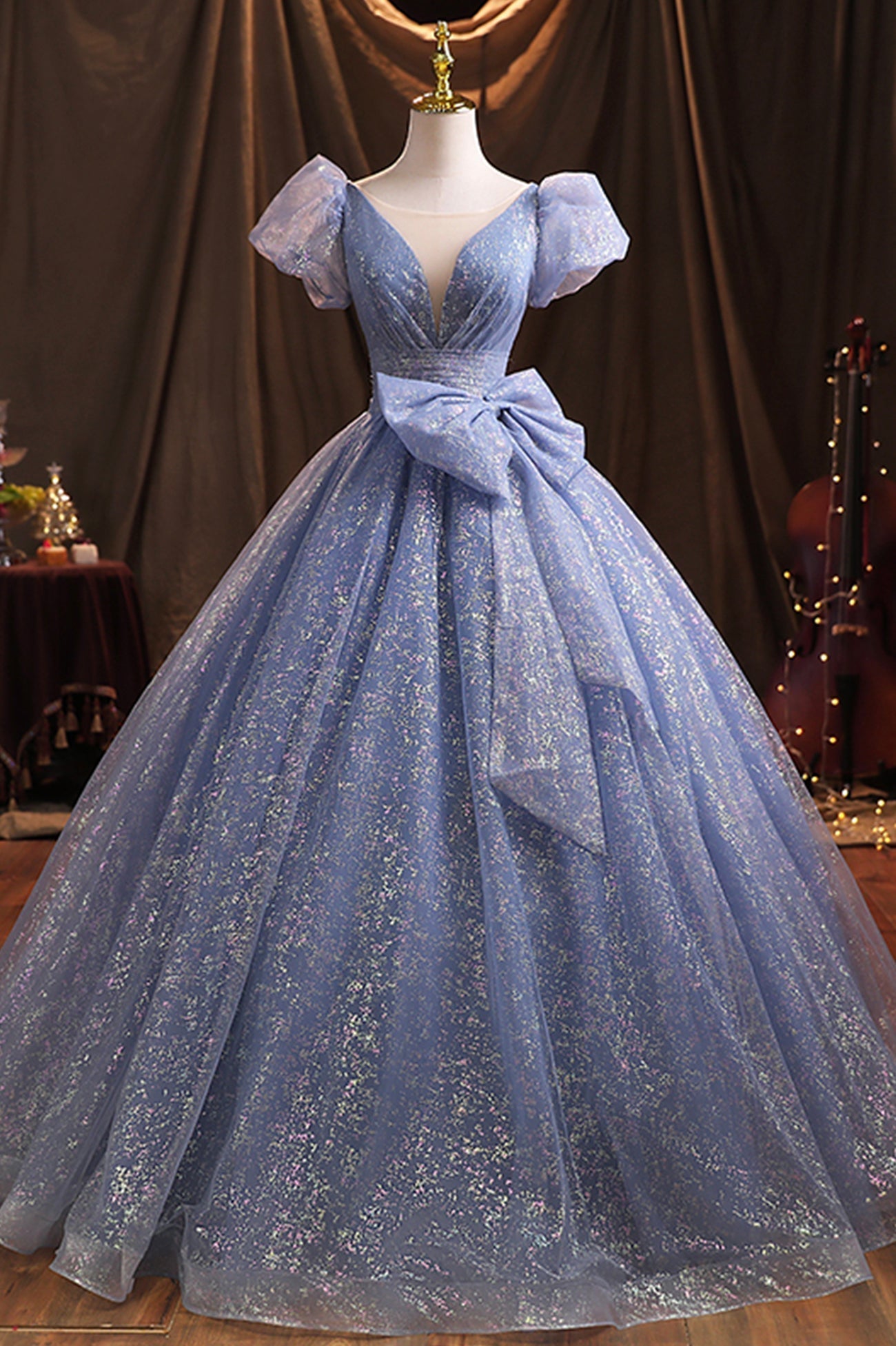Blue Tulle Sequins Long Prom Dress, A-Line Evening Gown with Bow