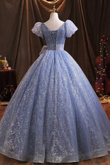 Blue Tulle Sequins Long Prom Dress, A-Line Evening Gown with Bow