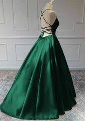 Green Satin Lace-Up Long Formal Dress Outfits For Girls, Green Satin Long Prom Dress Outfits For Women Evening Dress