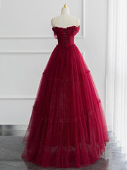 A-line Sweetheart Neck Tulle Burgundy Long Prom Dress Outfits For Girls, Off Shoulder Burgundy Formal Dress