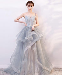Gray Tulle Lace Long Prom Dress, Gray Tulle Lace Evening Dress, 2
