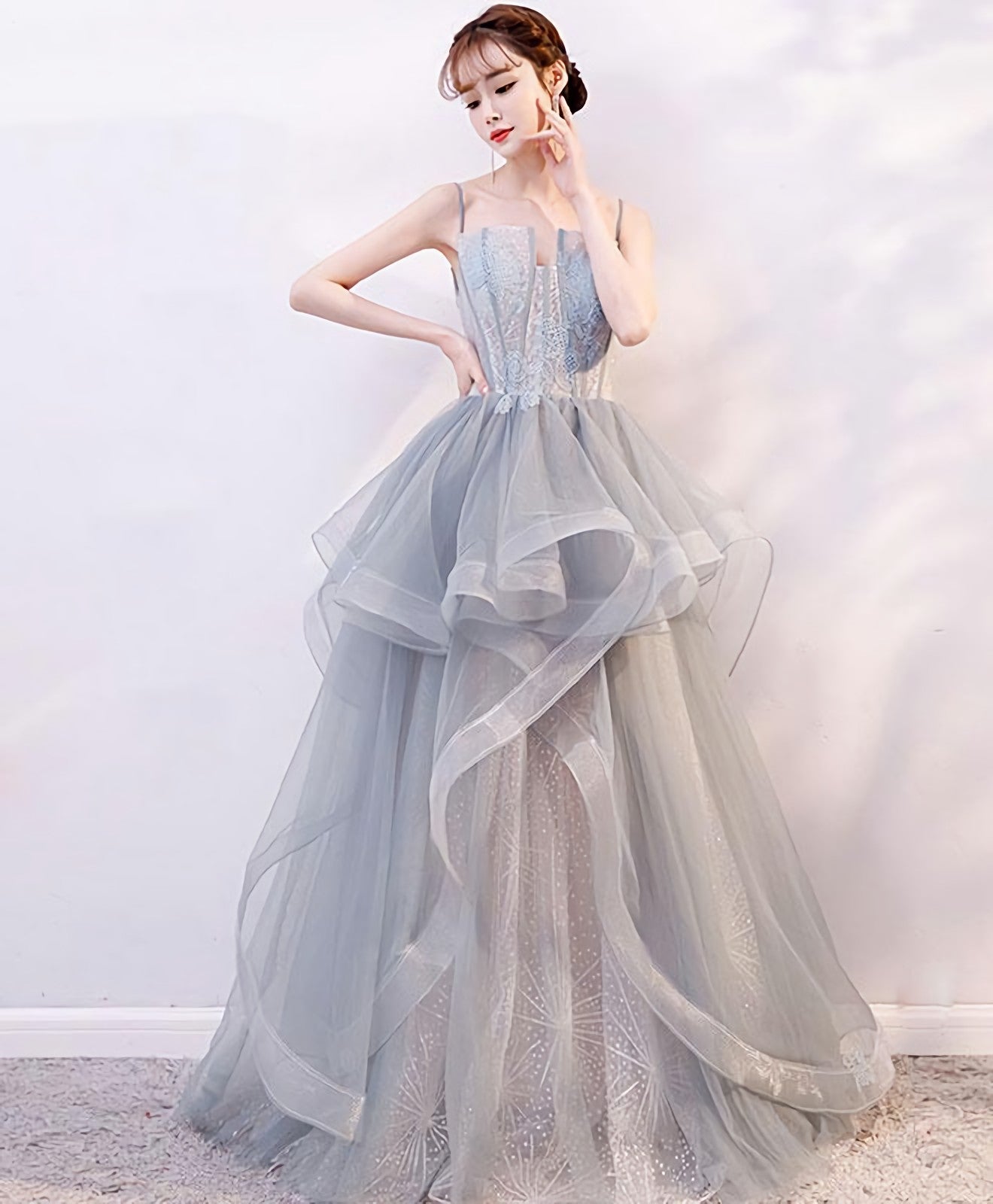 Gray Tulle Lace Long Prom Dress, Gray Tulle Lace Evening Dress, 2