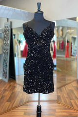 Black Sequins V-Neck Backless Short Party Dress