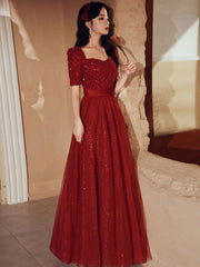 Burgundy Tulle Beds Long Prom Dress, Burgundy Tulle Formal Dress