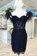 Black Lace Feather Sweetheart Short Party Dress