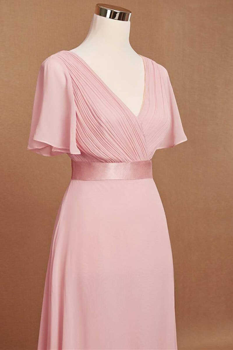 Pink V-Neck Ruffled A-Line Long Bridesmaid Dress