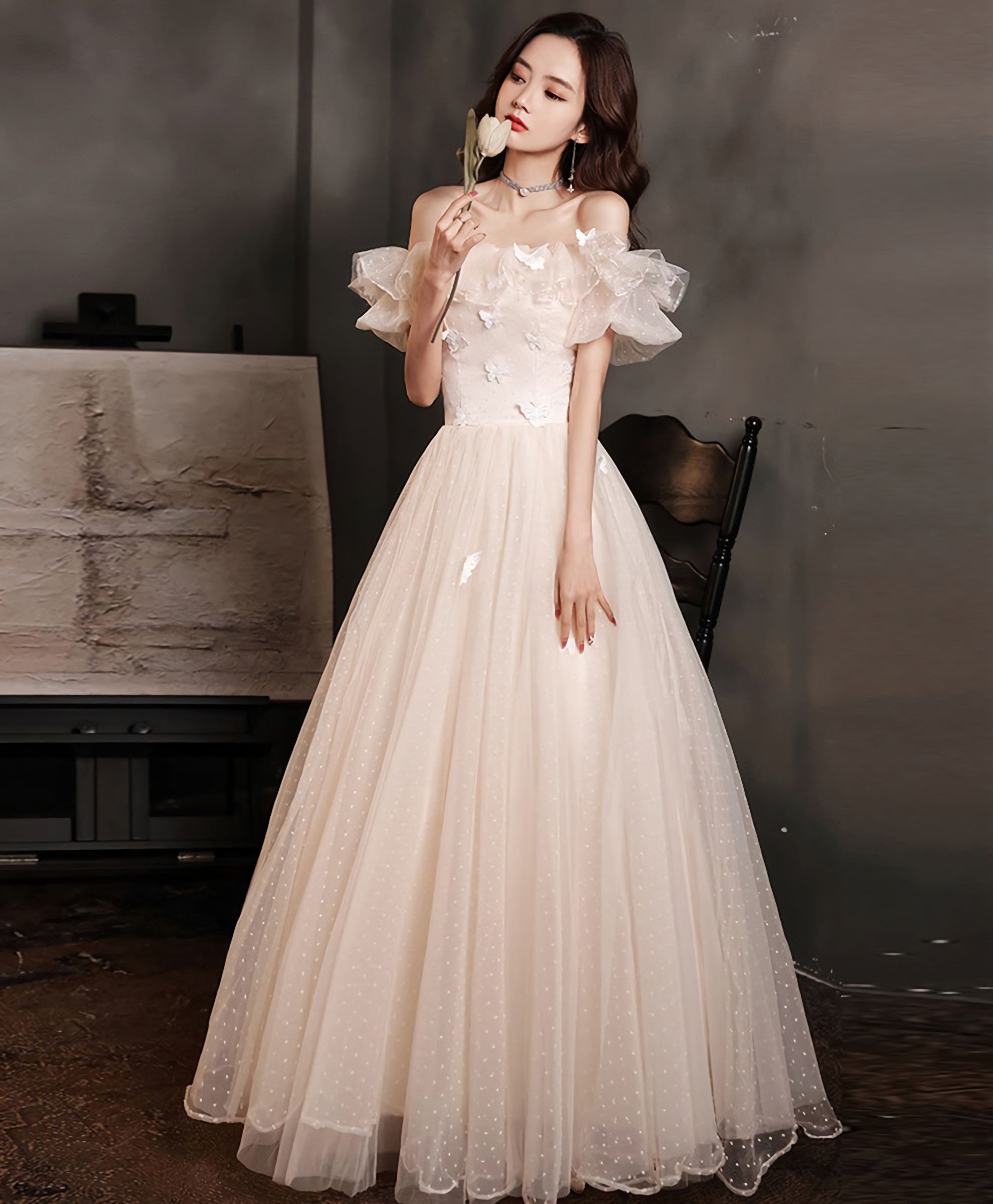 Champagne Tulle Lace Off Shoulder Long Prom Dress, Tulle Formal Dress