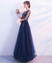 Dark Blue Tulle Lace Long Prom Dress, Blue Evening Dress