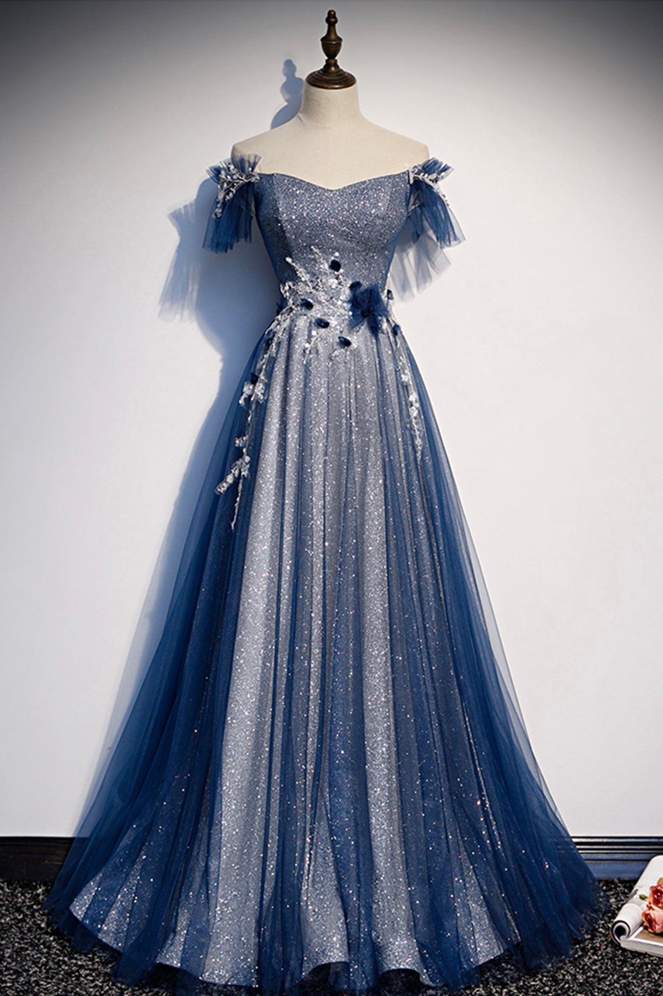 Blue Tulle Sequins Long Prom Dress, A-Line Evening Dress