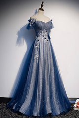 Blue Tulle Sequins Long Prom Dress, A-Line Evening Dress