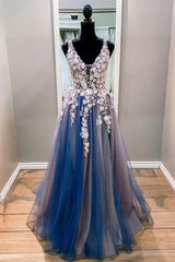 Blue Tulle Long Prom Dresses, V-Neck Evening Dresses with Lace Applique