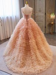 Unique V Neck Tulle Sequin Orange Pink Long Prom Dress Outfits For Girls, Orange Pink Sweet 16 Dress